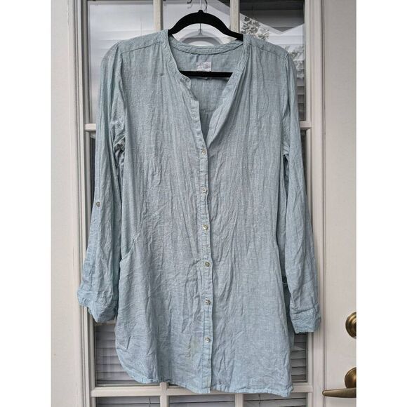 Sigrid Olsen Tops - Sigrid Olsen Linen Button Down Shirt V-Neck Roll Up Button Sleeves Green, Size M